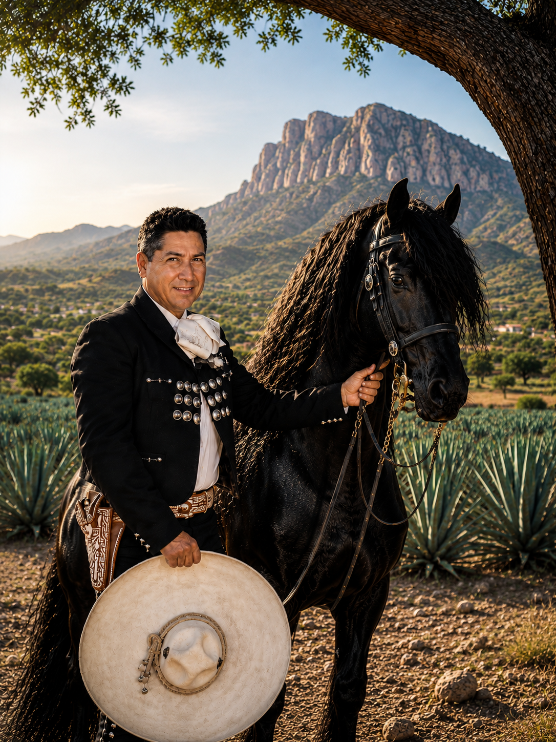 Don Roberto Anaya, founder of Jimador Bar & Grill since 1996, in traditional charro attire beside his horse among the blue agave fields of Jalisco at sunset