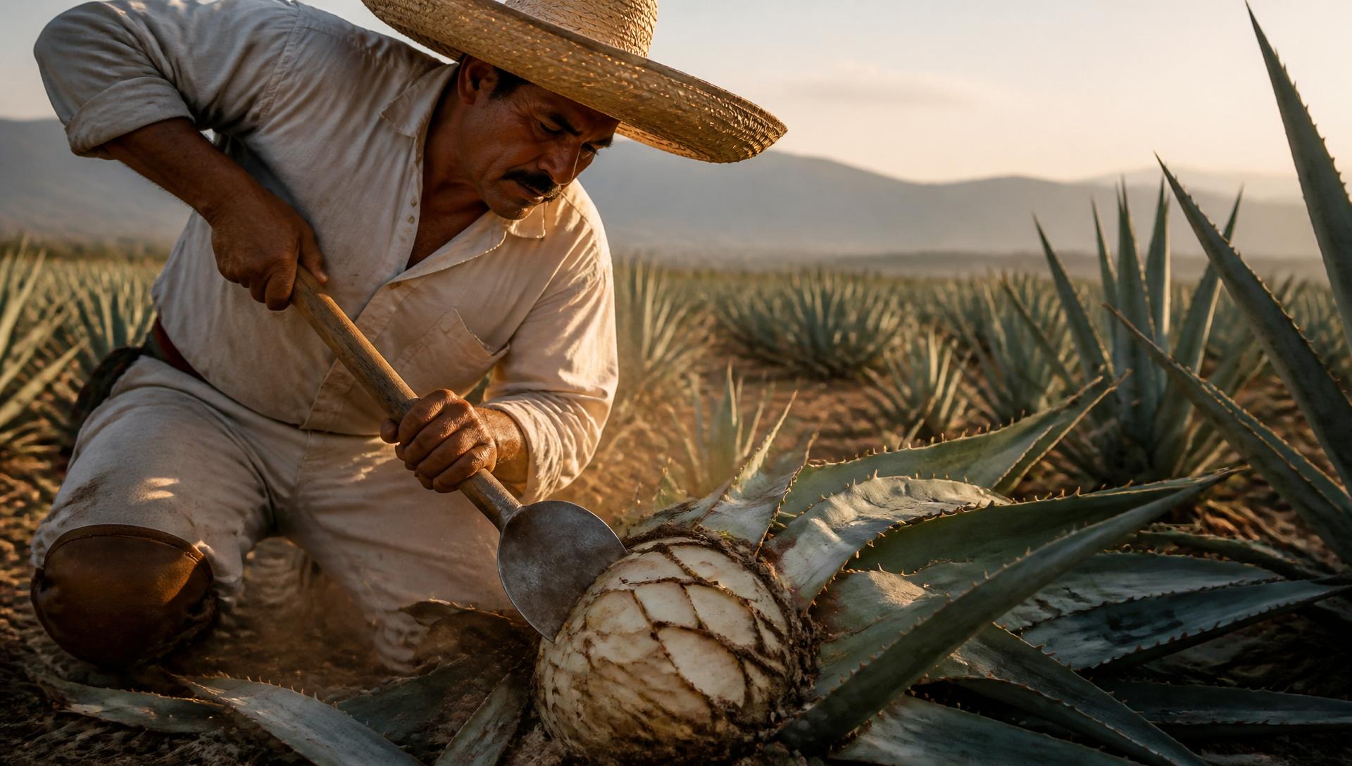 A jimador kneeling in the agave fields of Los Altos de Jalisco at first light